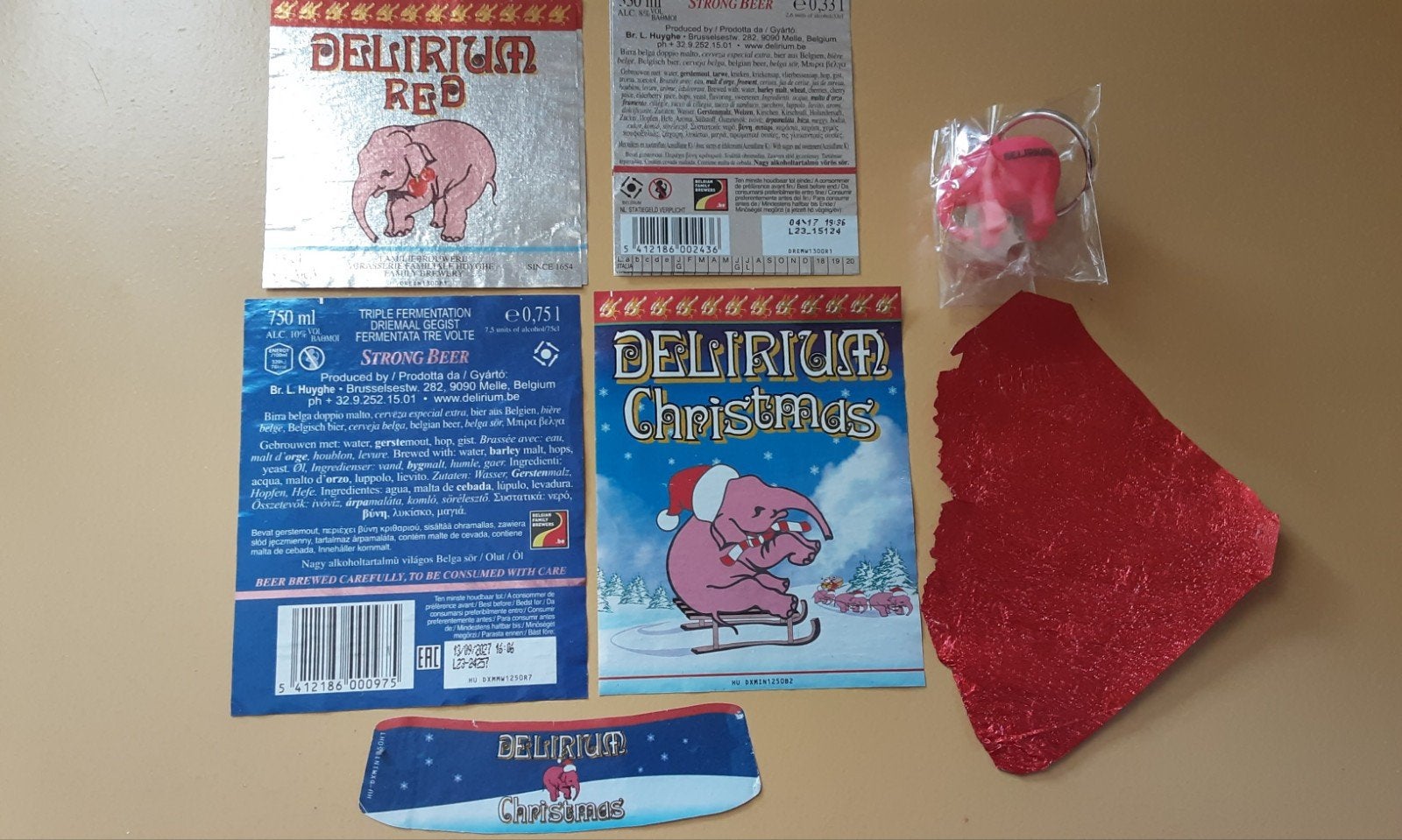 Delirium Red, Christmas etiket, sleutelhanger rose olifant., Ophalen of Verzenden, Zo goed als nieuw, Overige typen, Overige merken