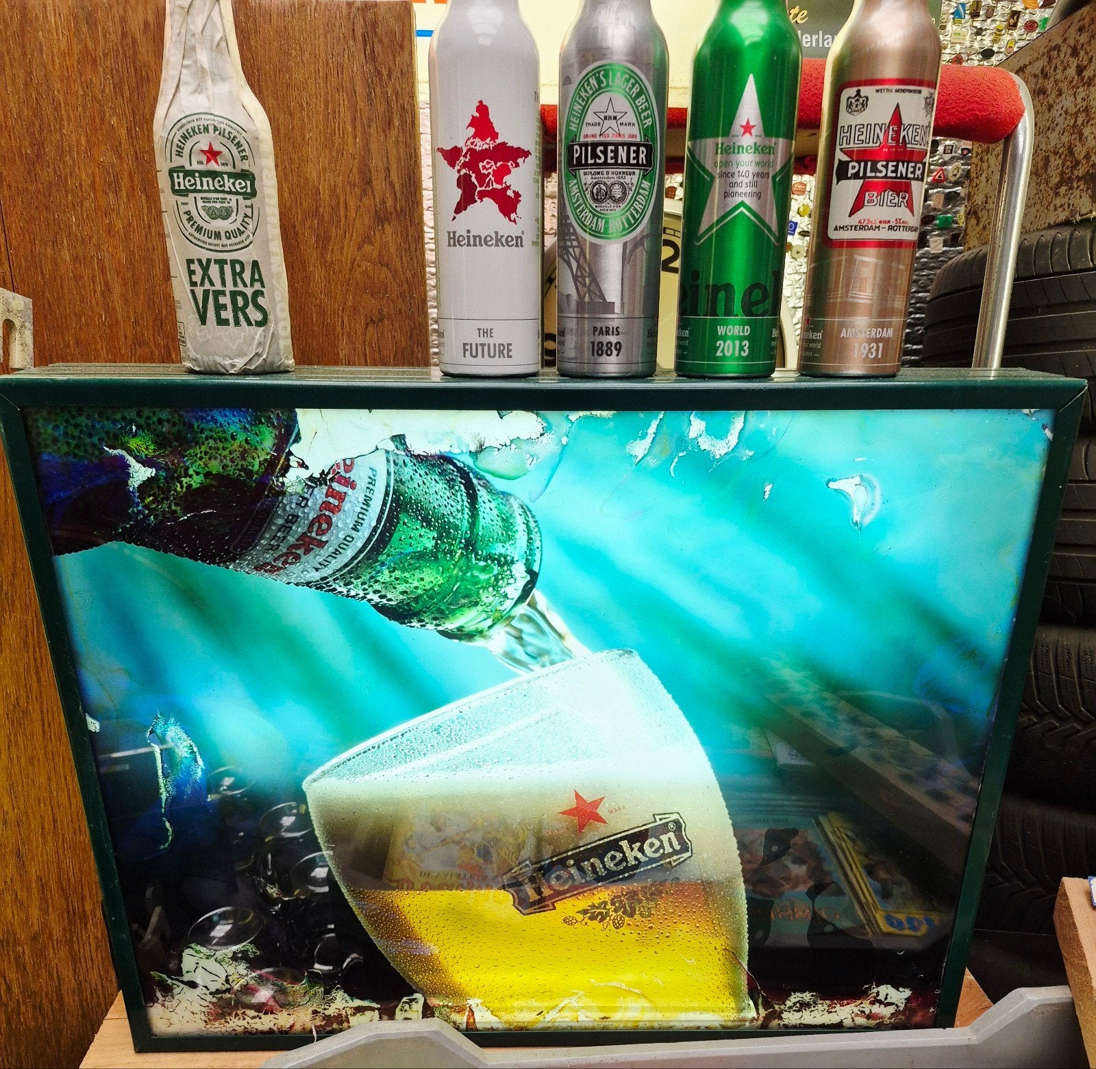 Oude lichtbak, lichtreclame Heineken bier + 5 flesjes, Ophalen, Gebruikt, Reclamebord, Plaat of Schild, Heineken