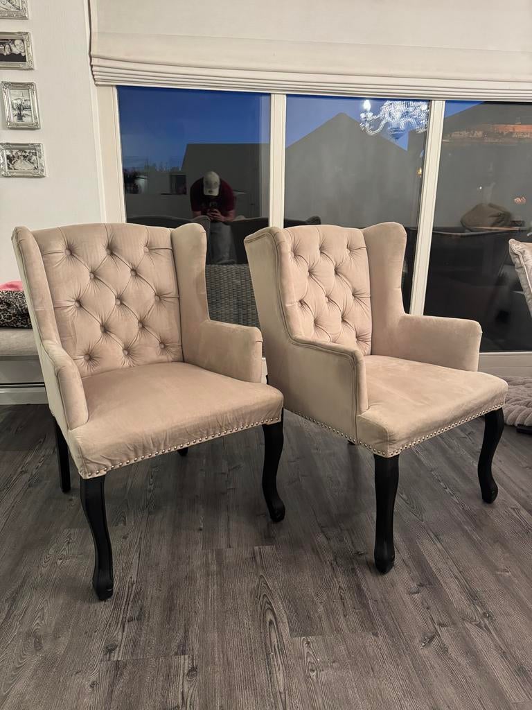 Luxe Dubbelman Design eetkamerstoelen - Beige met knopen, Huis en Inrichting, Stoelen, Ophalen, Overige kleuren, Zo goed als nieuw