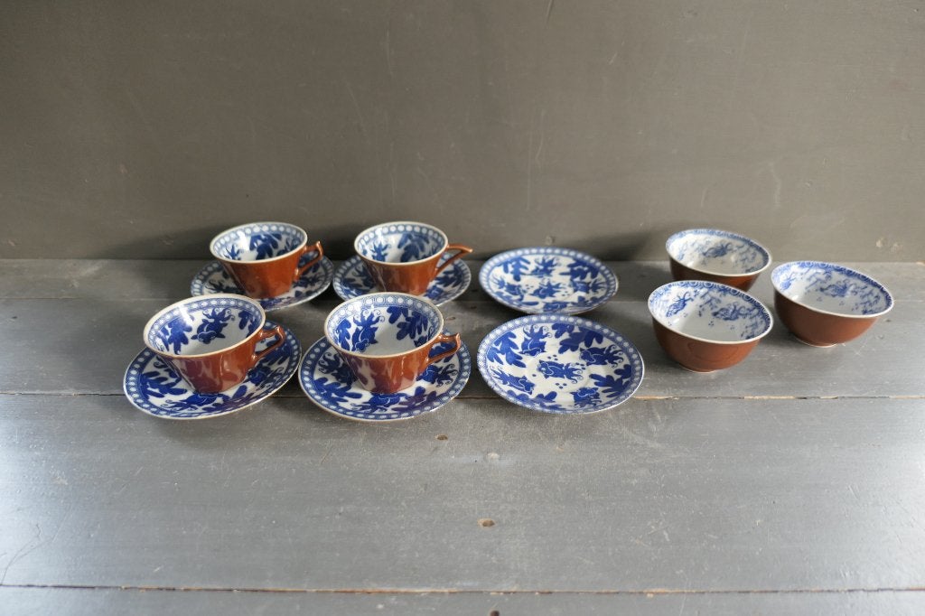Antieke Japanse Chinoiserie Batavia Brown kop en schotels 4x, Antiek en Kunst, Verzenden