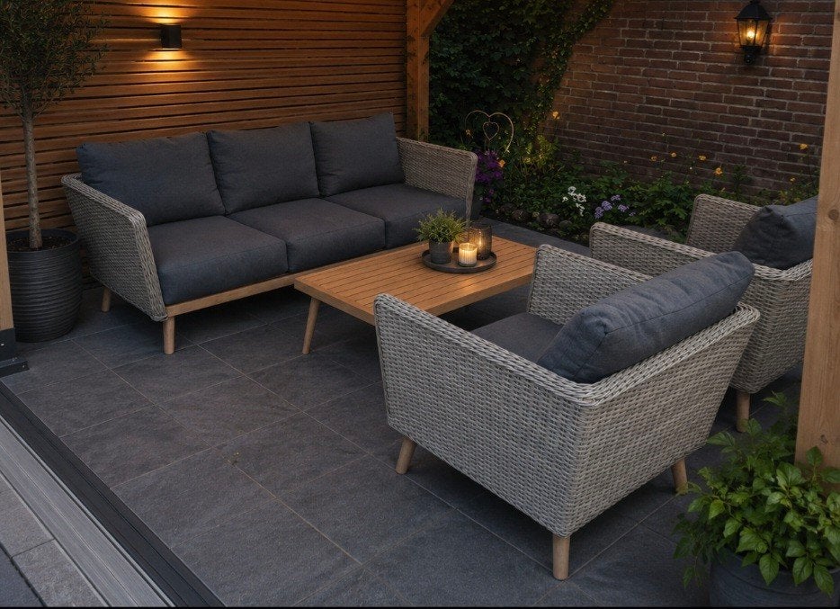 Prachtige loungeset met dikke kussens - Wicker & Houtlook, Tuin en Terras, Tuinsets en Loungesets, Ophalen, 5 zitplaatsen, Zo goed als nieuw