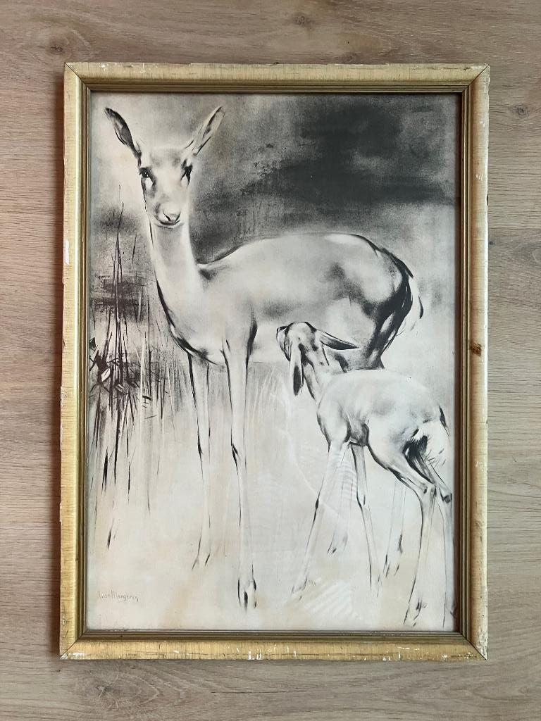 Vintage schilderij/prent "Hert met jong" - Han van Meegeren, Ophalen of Verzenden