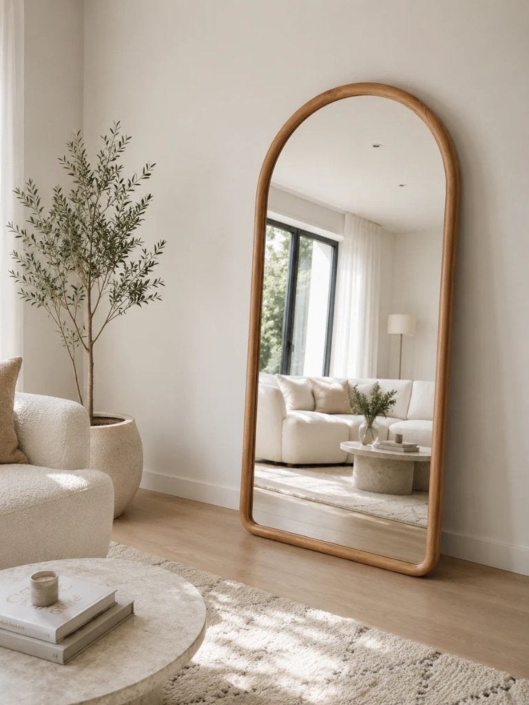 Nieuwe Japandi boogspiegel 200 x 100 cm – Walnoot – Outlet, Huis en Inrichting, Woonaccessoires | Spiegels, Nieuw, Ophalen of Verzenden