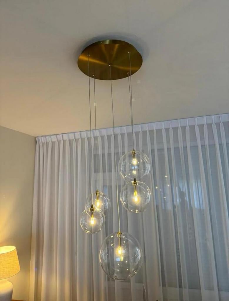 Hanglamp Rond goud met 5 glazen bollen, Ophalen of Verzenden, Glas, 75 cm of meer, Hotel chique