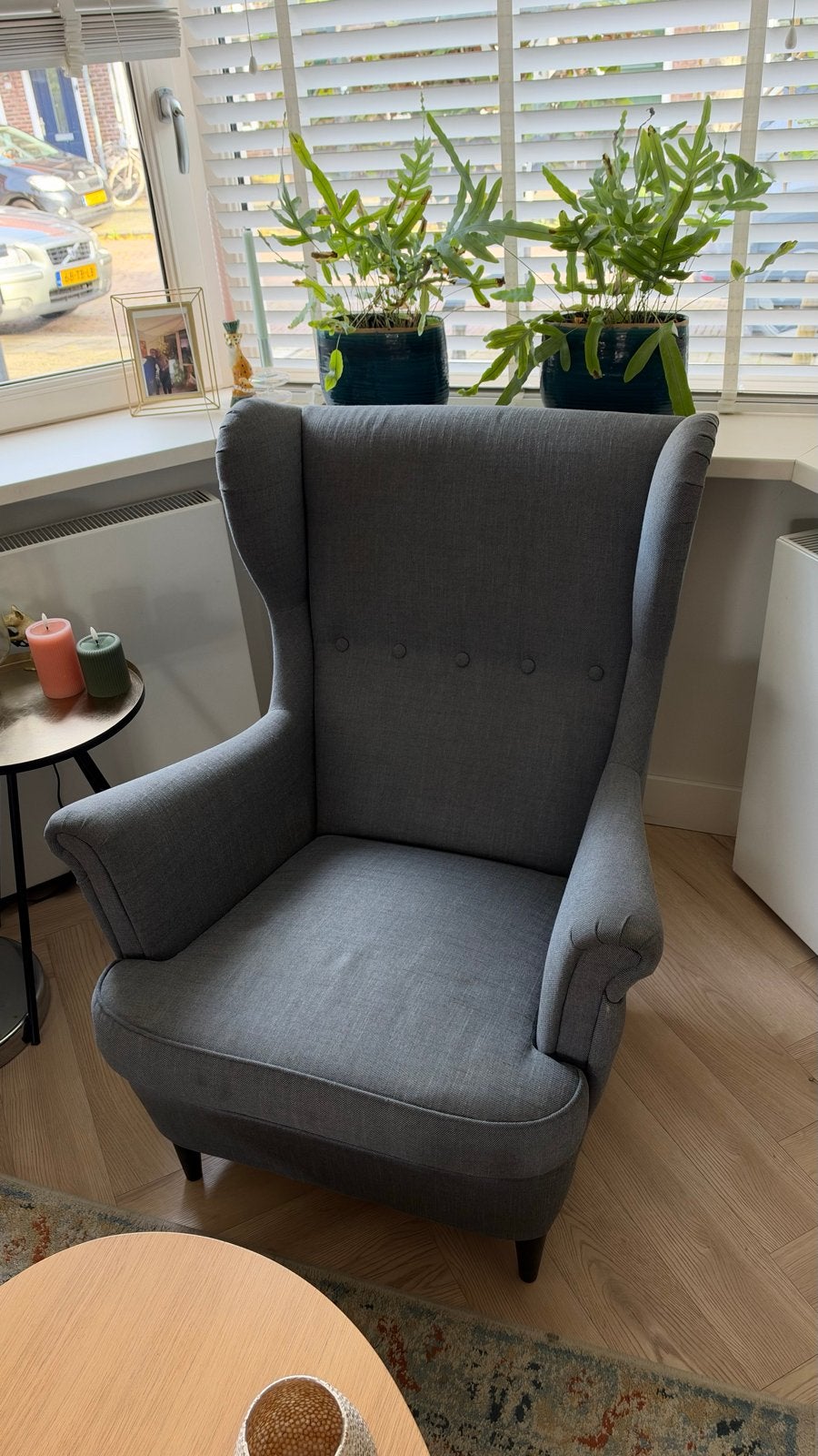Grijze Ikea STRANDMON fauteuil, Ophalen, Gebruikt, Stof, 75 tot 100 cm