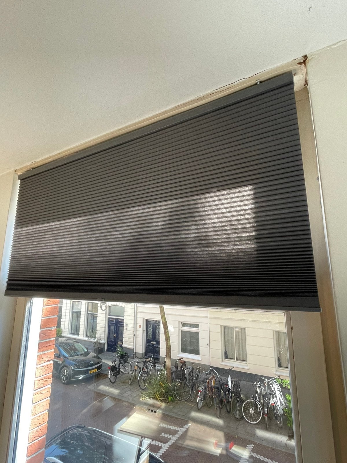 2x Ikea Hoppvalls plisse gordijnen, grijs, 140cm breed, Huis en Inrichting, Ophalen, 100 tot 150 cm, Zo goed als nieuw, Grijs