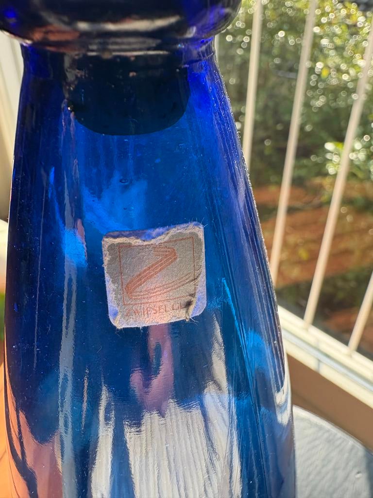 Vintage Zwiesel Blauwe Glazen Waterkaraf met Houten Dop, Antiek en Kunst, Ophalen of Verzenden