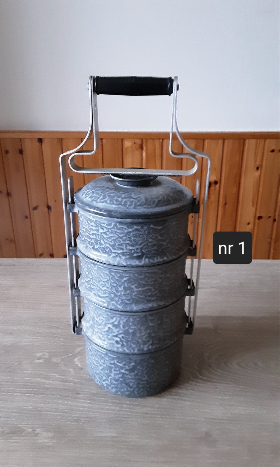 EMAILLE GRIJSGEWOLKTE 4 PANS  RANTANG/ETENSDRAGER., Antiek en Kunst, Ophalen of Verzenden