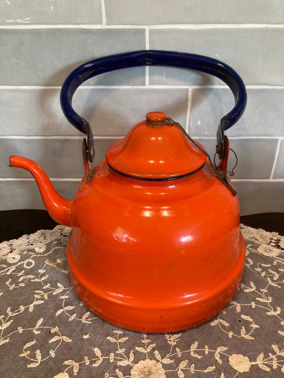 Vintage oranjerood emaille ketel (090825c), Ophalen of Verzenden