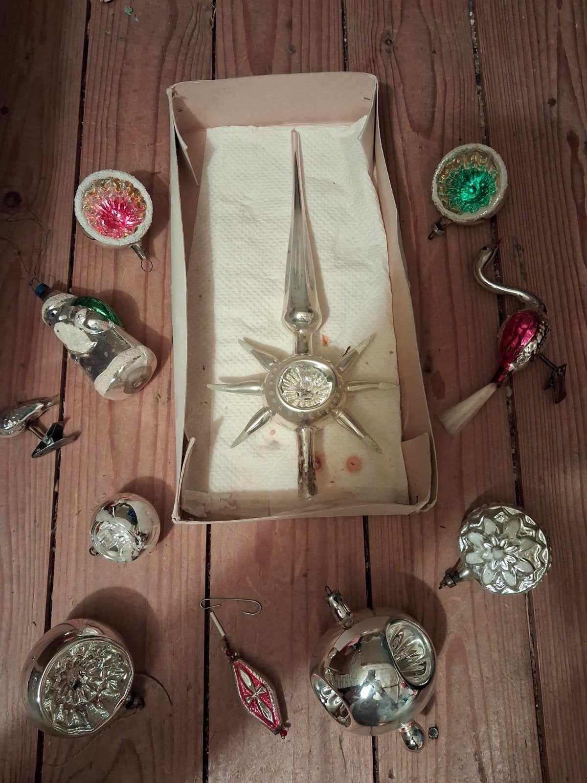 oma's nostalgische 10  oude glazen kerstballen en ster kiep, Diversen, Kerst, Ophalen, Gebruikt