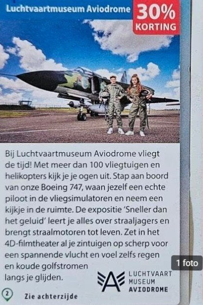Luchtvaartmuseum Aviodrome 30% korting, Drie personen of meer, Kortingskaart