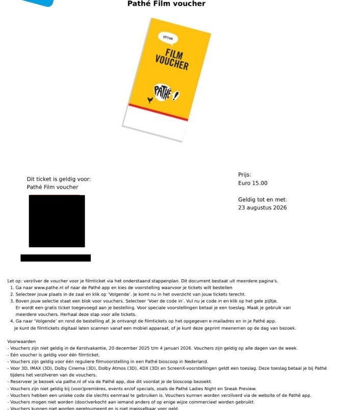 2x Pathé vouchers alle dagen, Tickets en Kaartjes, Filmkaartjes, Twee personen, Niet van toepassing, Vrijkaartje alle films