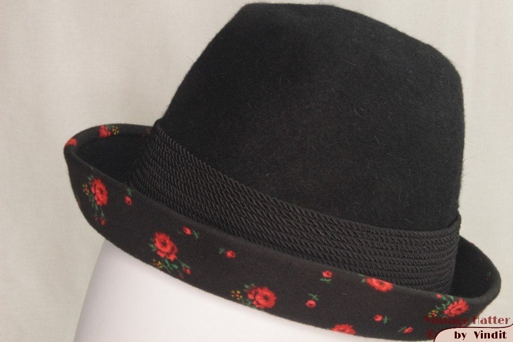 kleine Vintage Dameshoed zwart met bloemetjes 54, 134 t/m 140, Gebruikt, Meisje, Hoed