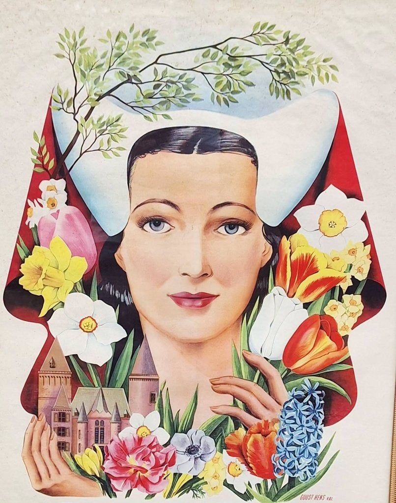 Pracht vintage Keukenhof Lisse Voorjaar 1953 reclameposter., Ophalen, Met lijst, A1 t/m A3, Reclame