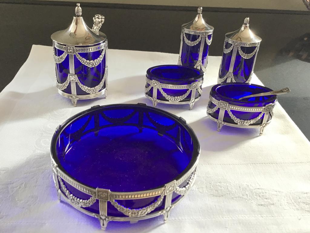 Zilveren 6-delig peper-zout-mosterdstel met kobaltblauw glas, Ophalen of Verzenden, Zilver