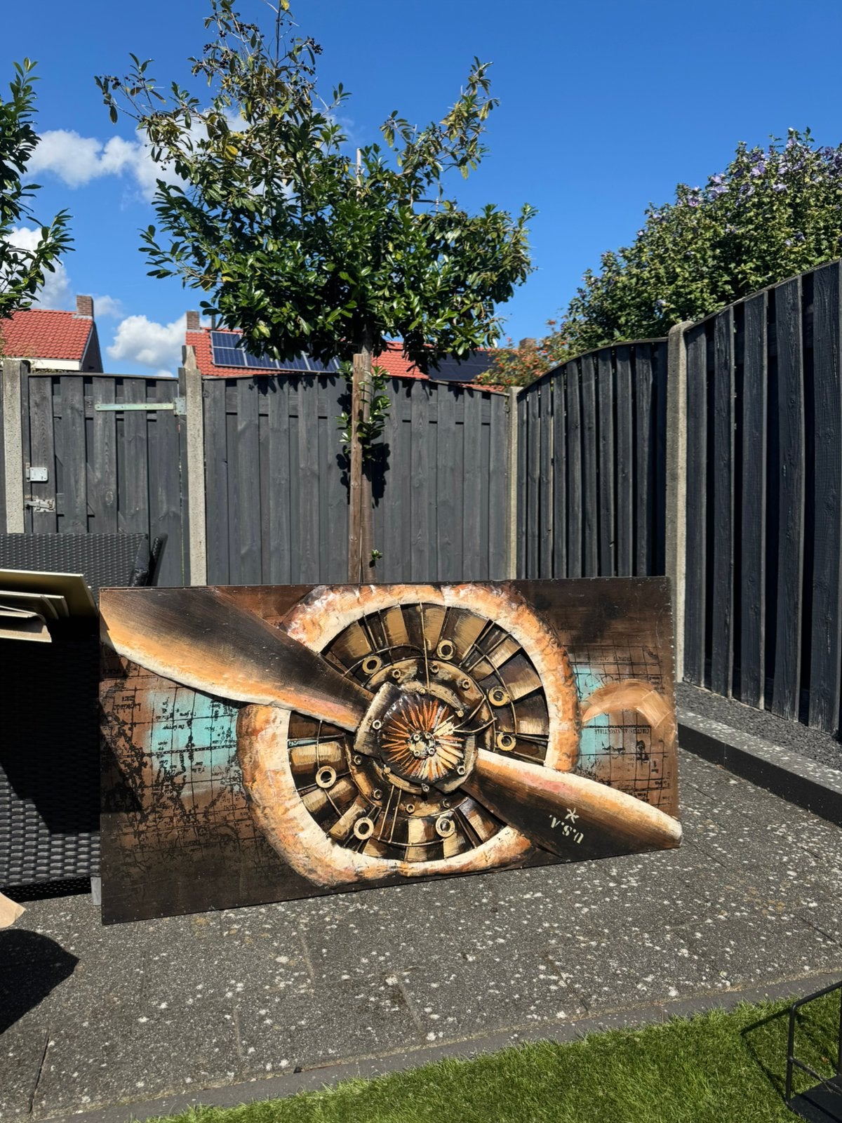 Muurdecoratie stermotor vliegtuig metaal, Antiek en Kunst, Ophalen