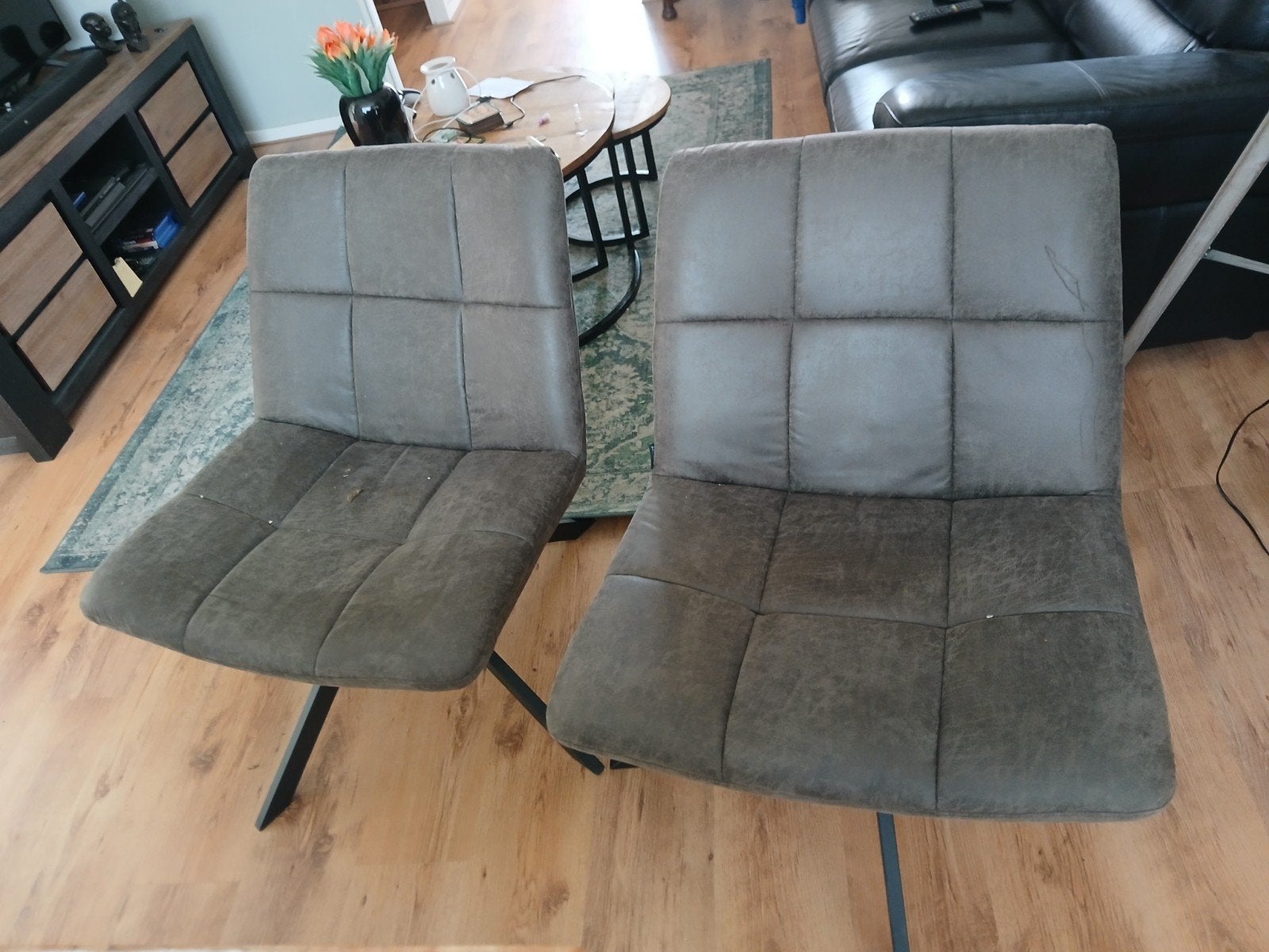 2x Stoere draaibare eetkamerstoelen - Grijs/Bruin, Gebruikt, Twee, Industrieel, Modern, Ophalen of Verzenden