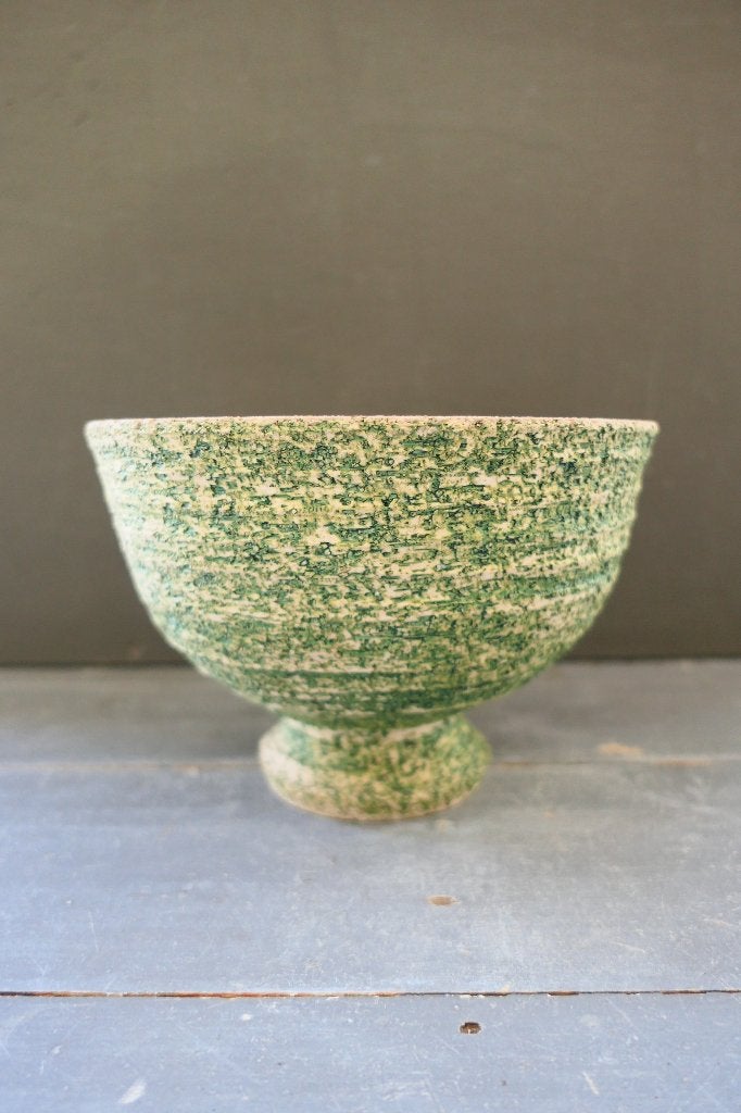 Vintage groene chamotte bloempot op voet, Verzenden, Rond, Binnen, Zo goed als nieuw