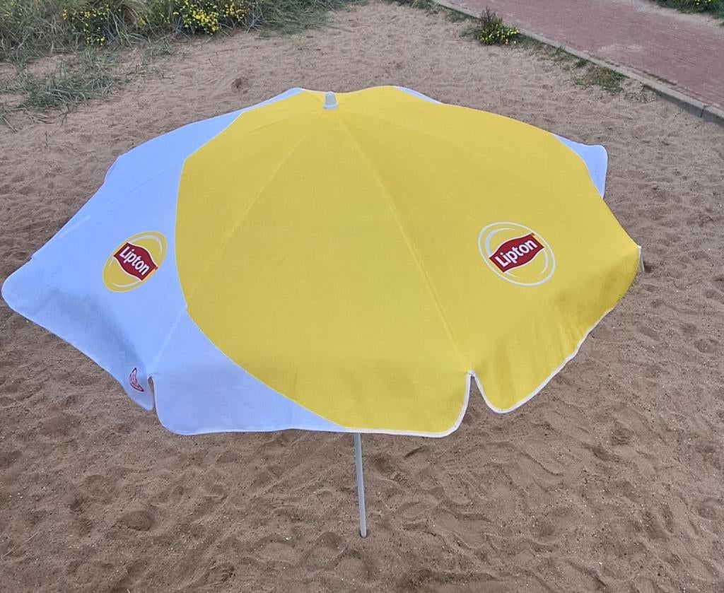 Lipton Strandparasol - Geel/Wit, Tuin en Terras, Parasols, Ophalen
