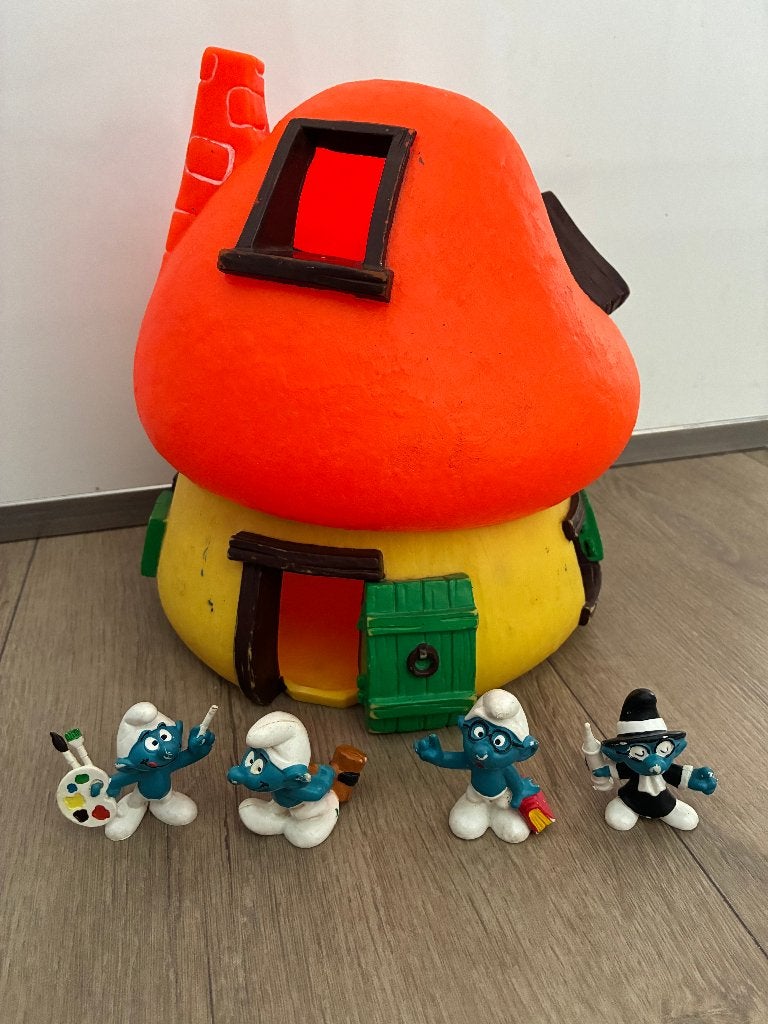 Smurfen huisje en figuurtjes, oud vintage, Ophalen of Verzenden, Gebruikt, Verschillende Smurfen