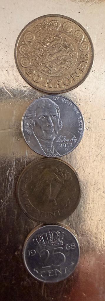 Diverse munten 20 Kroner,5 Cent Monticello,Amev munt 25 Cent, Verzenden, Overige landen, Losse munt