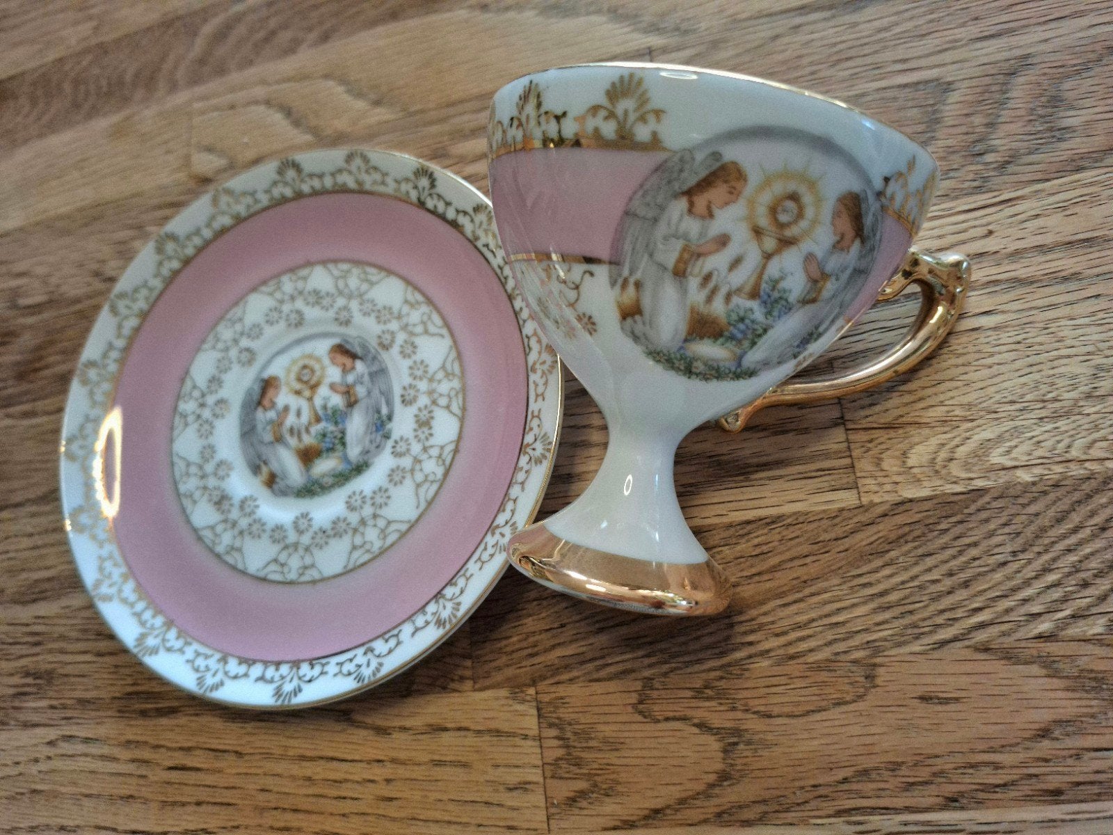Brocante communie ontbijtbordje met kop en schotel, Ophalen of Verzenden