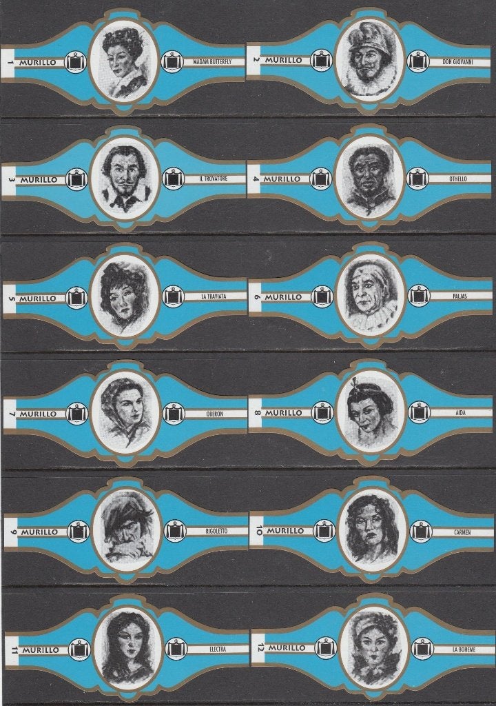 Sigarenbanden van Opera's (muziek), Murillo 1-12 blauw-goud, Verzamelen, Rookartikelen, Aanstekers en Luciferdoosjes, Ophalen of Verzenden