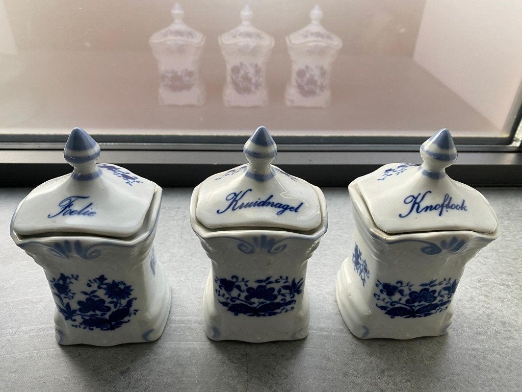 3 oude kruidenpotjes Delfts Blauw, Ophalen of Verzenden
