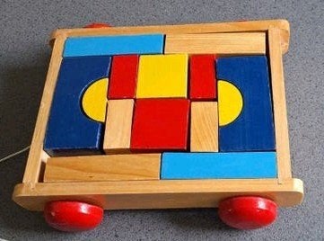 Houten trekkar met blokken - Educatief speelgoed, Ophalen of Verzenden, Gebruikt, Duw- of Trekspeelgoed