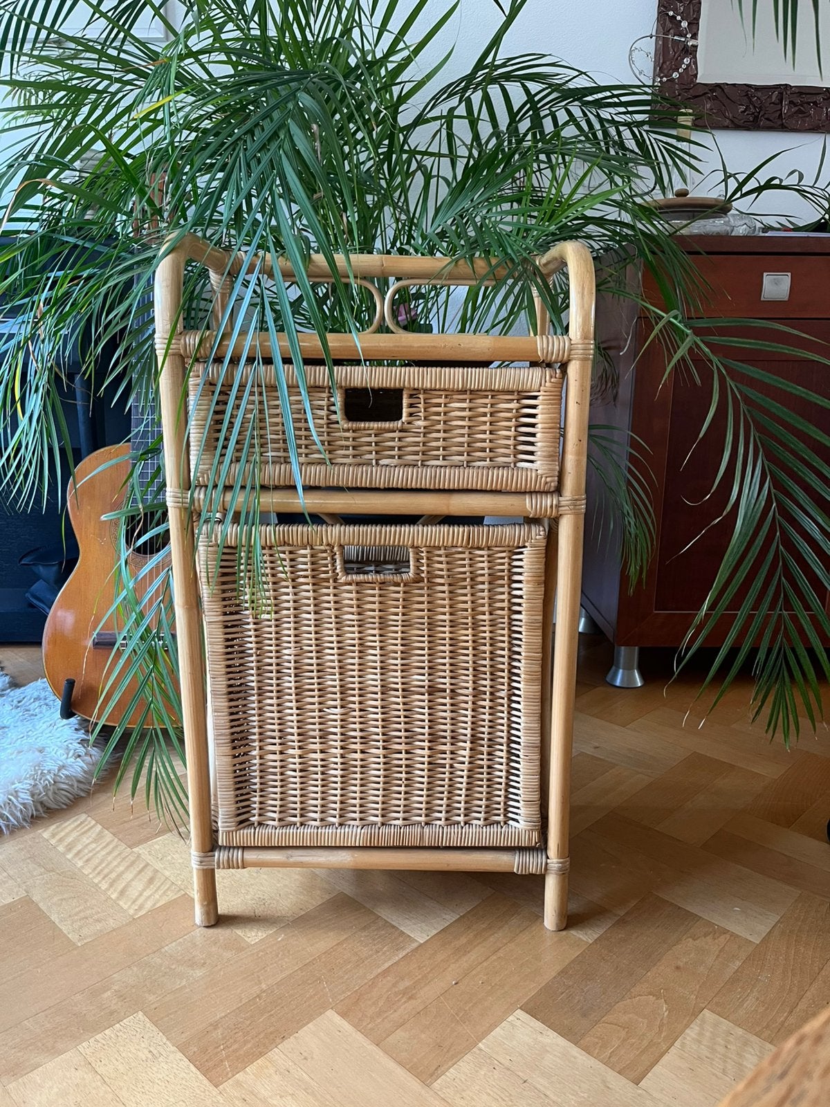 Sfeervol Vintage Bamboe Rotan Kastje – Wasmand/ Schoenenkast, Ophalen of Verzenden, Gebruikt