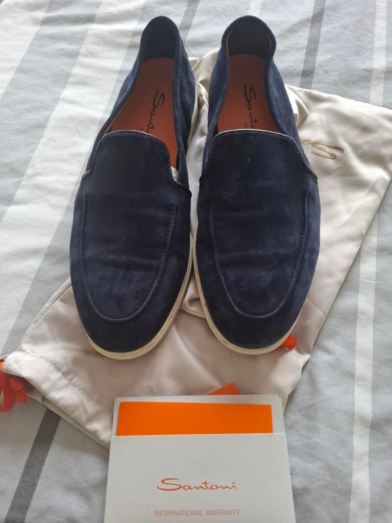 Santoni instappers maat 39 - Donkerblauwe suède loafers, Loafers, Blauw, Ophalen of Verzenden, Zo goed als nieuw