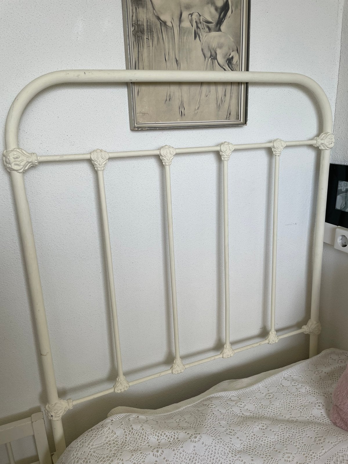 Brocante spijlen bed op wieletjes 80x195, Ophalen, 85 tot 100 cm, Gebruikt, Lattenbodem