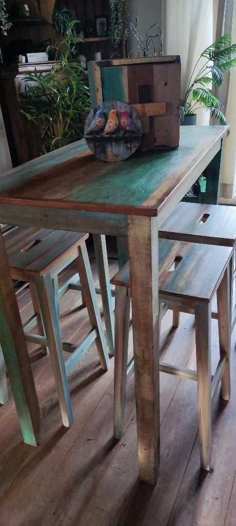 Mangohout Bartafel met 4 barstoelen (VidaXL type) beach look, Ophalen, Gebruikt, Inclusief barstoelen