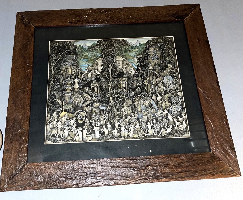 Enorm grote ceremoniele Balinese bruiloft schilderij Gesigne, Overige stijlen, Gesigneerd, Ophalen of Verzenden, Gemengde techniek