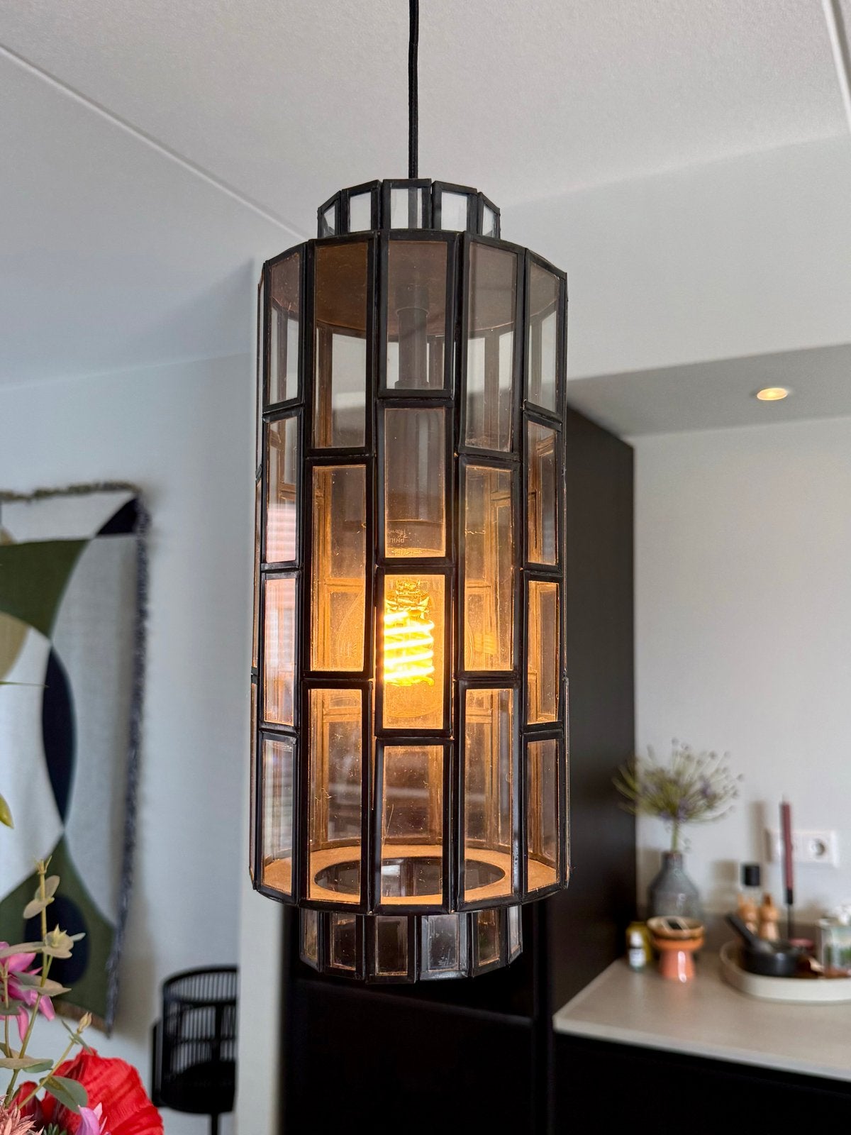 2 x Light & Living Søstrene Hanglamp - Antiek Zwart/Glas, Ophalen, Zo goed als nieuw, Glas