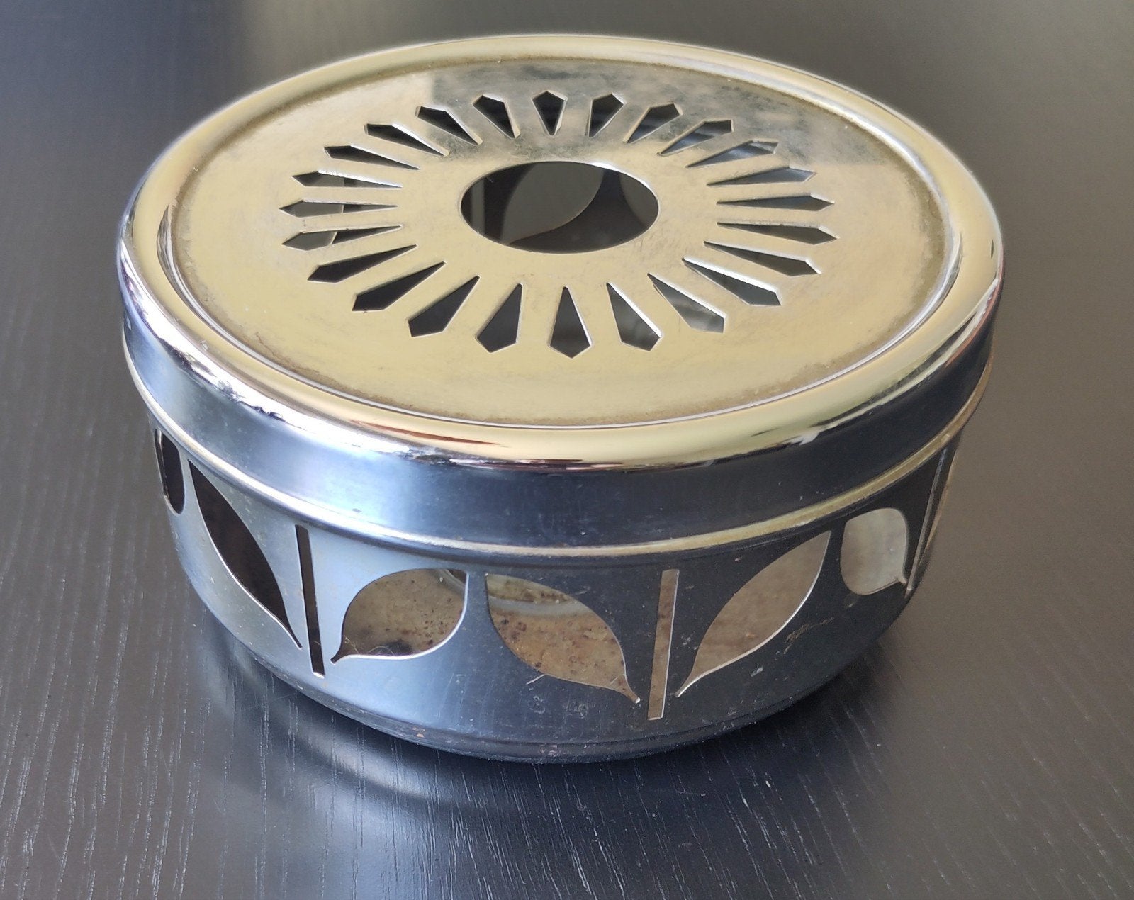 Vintage theelicht theewarmer metaal met bladmotief, Zilver, Ophalen of Verzenden, Metaal, Overige merken