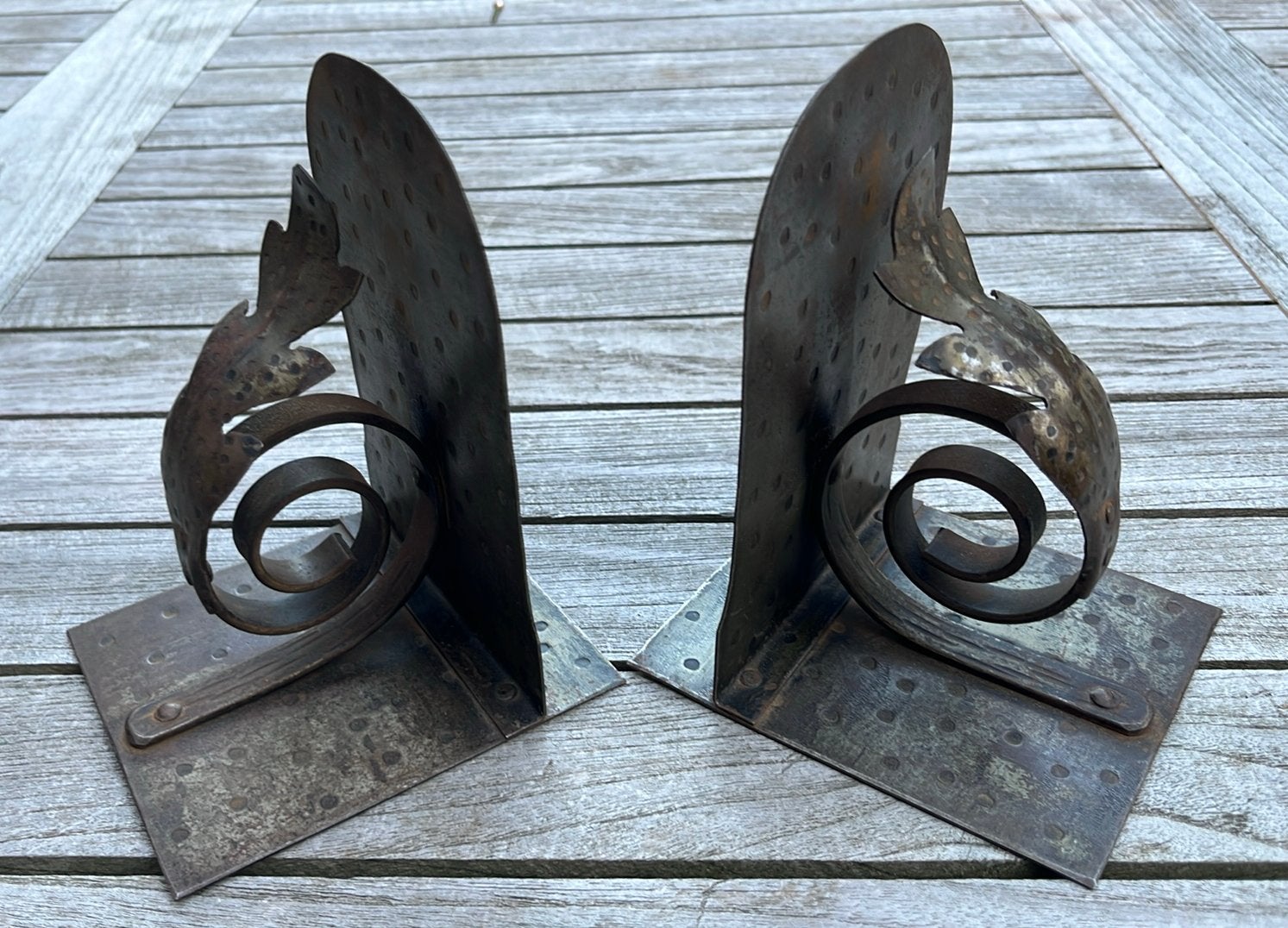 Vintage handgemaakte metalen boekensteunen bladmotief set, Verzenden