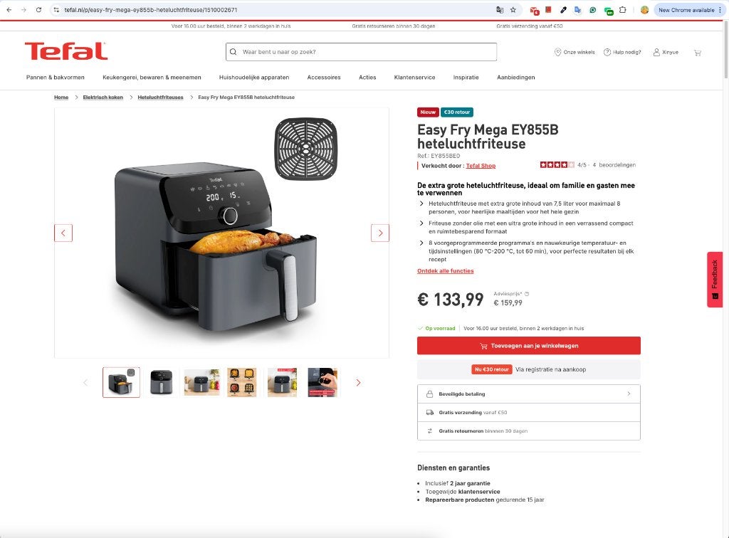 Tefal Easy Fry Mega EY855B airfryer 7.5L – met doos, Ophalen of Verzenden, Zo goed als nieuw, Airfryer XXL, 750 t/m 999 gram