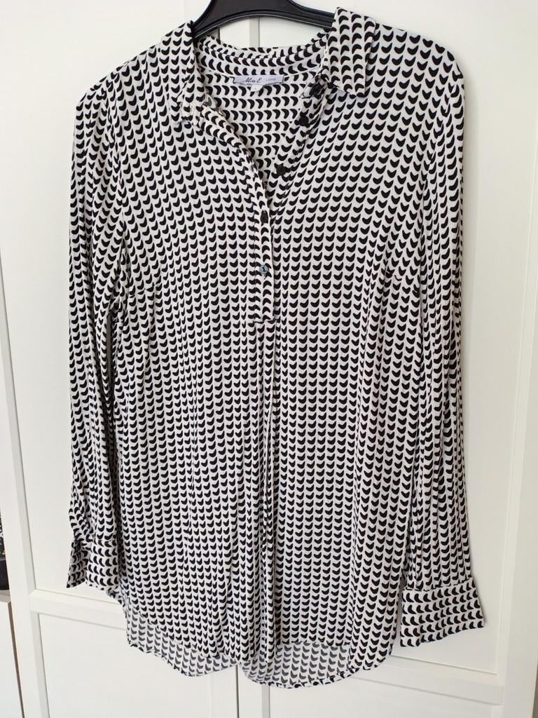 Miss E LONG Zwart-witte blouse met print, maat L, Kleding | Dames, Blouses en Tunieken, Zwart, Ophalen of Verzenden, Zo goed als nieuw