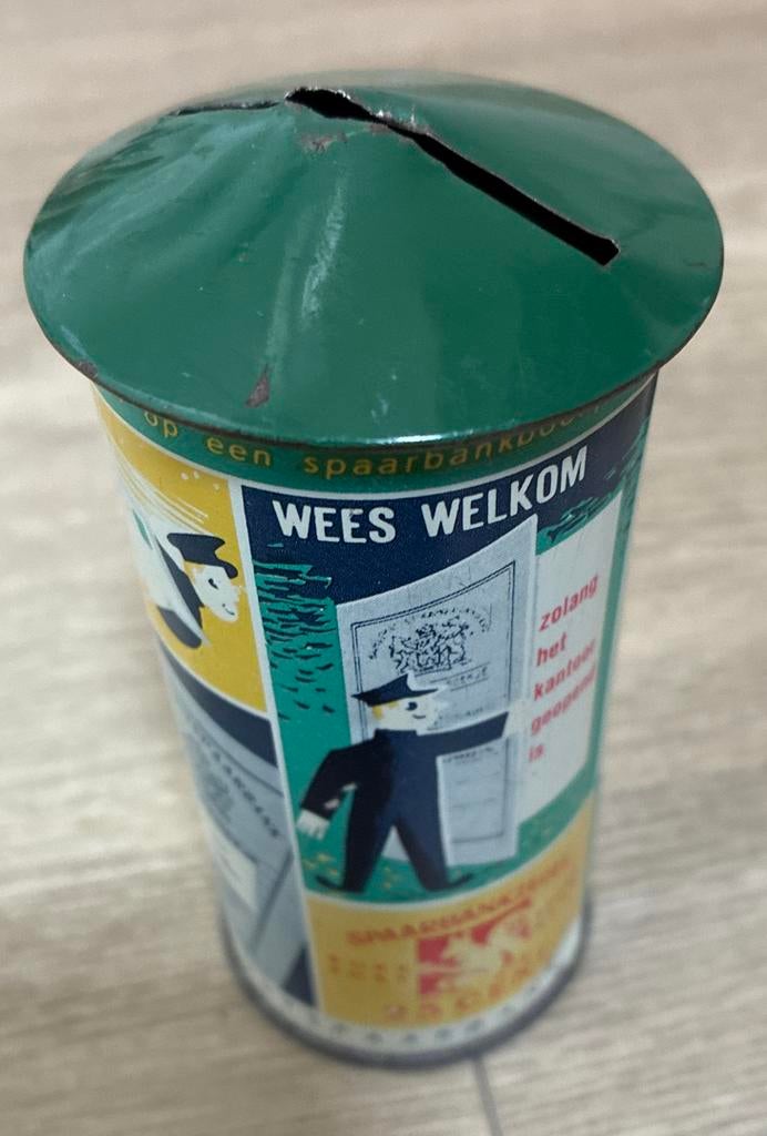 Vintage spaarpotje - Jeugd Spaar Actie Rijks Postspaarbank, Verzamelen, Ophalen of Verzenden, Gebruikt, Metaal of Blik, Overige thema's