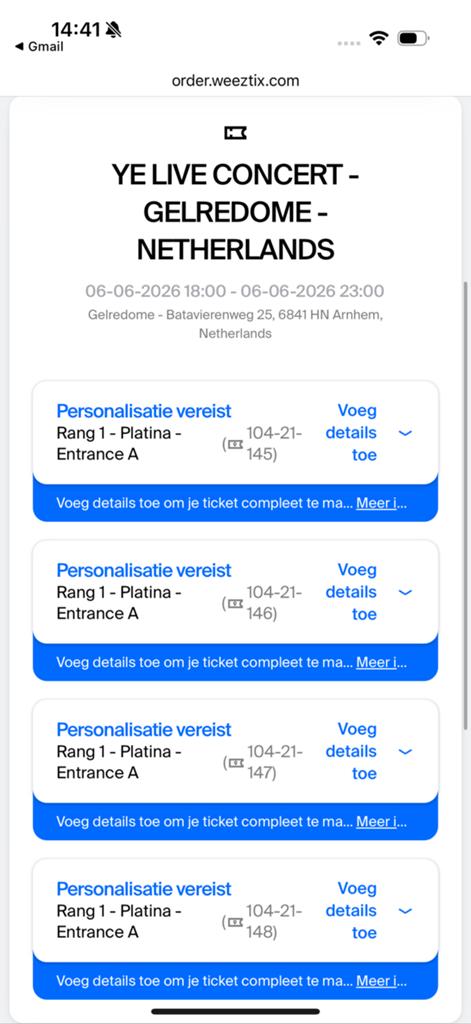 Kanye West concert Gelredome Platina rang 1 tickets, Tickets en Kaartjes, Drie personen of meer, Juni