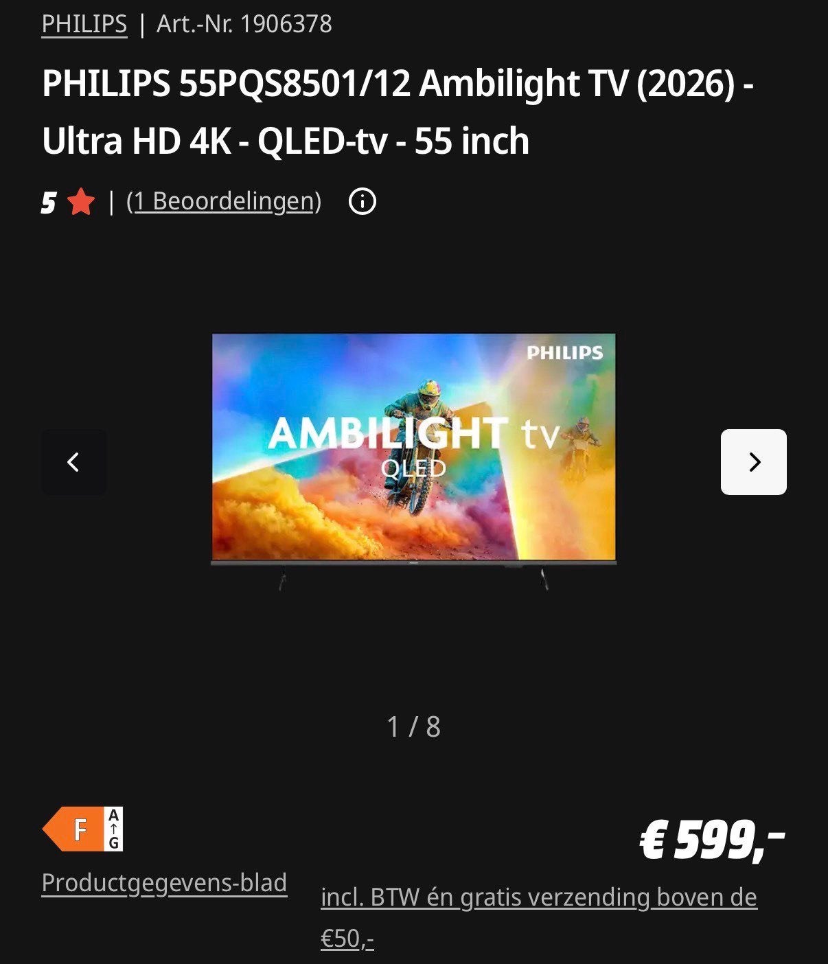 Philips Ambilight 8500 Series 55inch, Ophalen of Verzenden, Nieuw