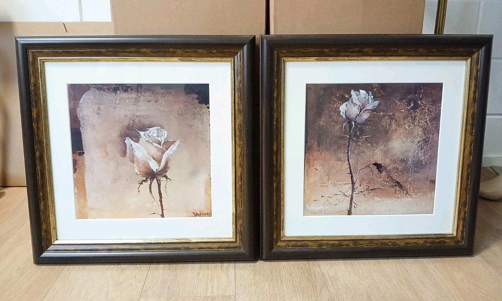 Set van 2 ingelijste kunstwerken: Witte Roos, Ophalen of Verzenden, Achter glas, Bloemen