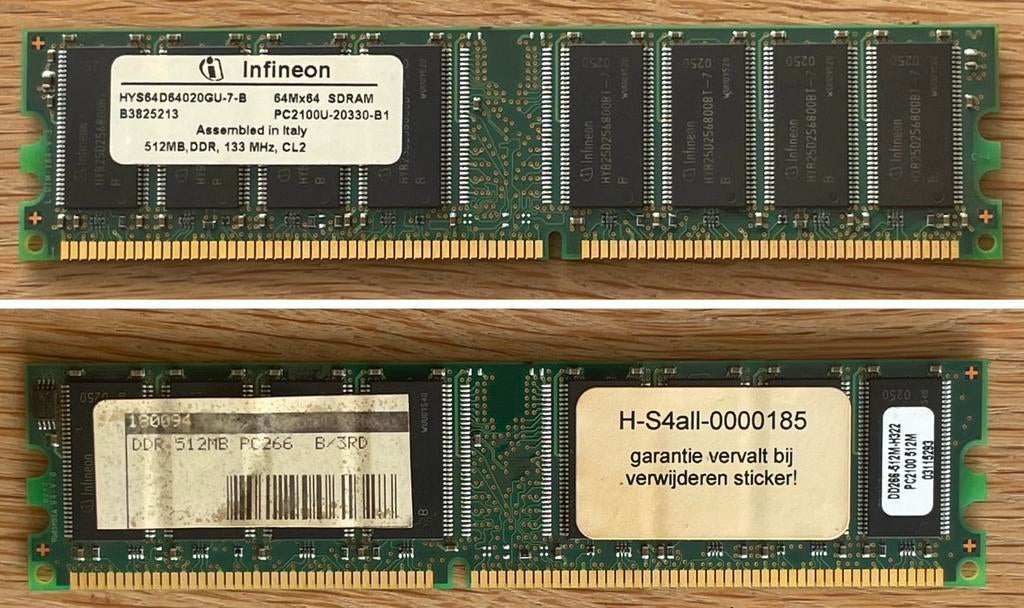 INFINEON SDRAM 64Mx64 PC2 100U-2033-B1 512MB DDR 133MHz CL2, Computers en Software, RAM geheugen, Zo goed als nieuw, Ophalen of Verzenden