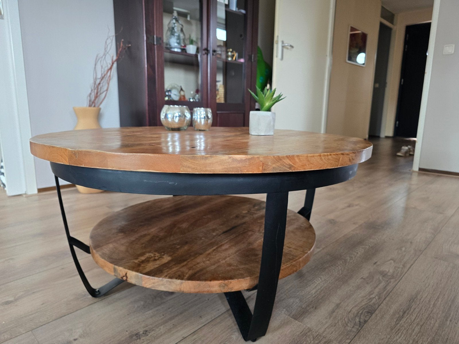 Mango houten ronde salontafel 90 cm, 50 tot 100 cm, Rond, Zo goed als nieuw, Minder dan 50 cm
