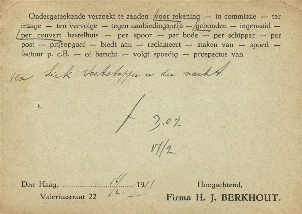 Firma H.J. Berkhout, Den Haag - 02.1933 - bestelkaart boekwe, Ophalen of Verzenden, Briefkaart