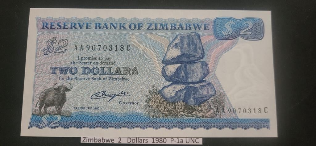 Zimbabwe 2 Dollars 1980 P-1a UNC Bankbiljet, Ophalen of Verzenden