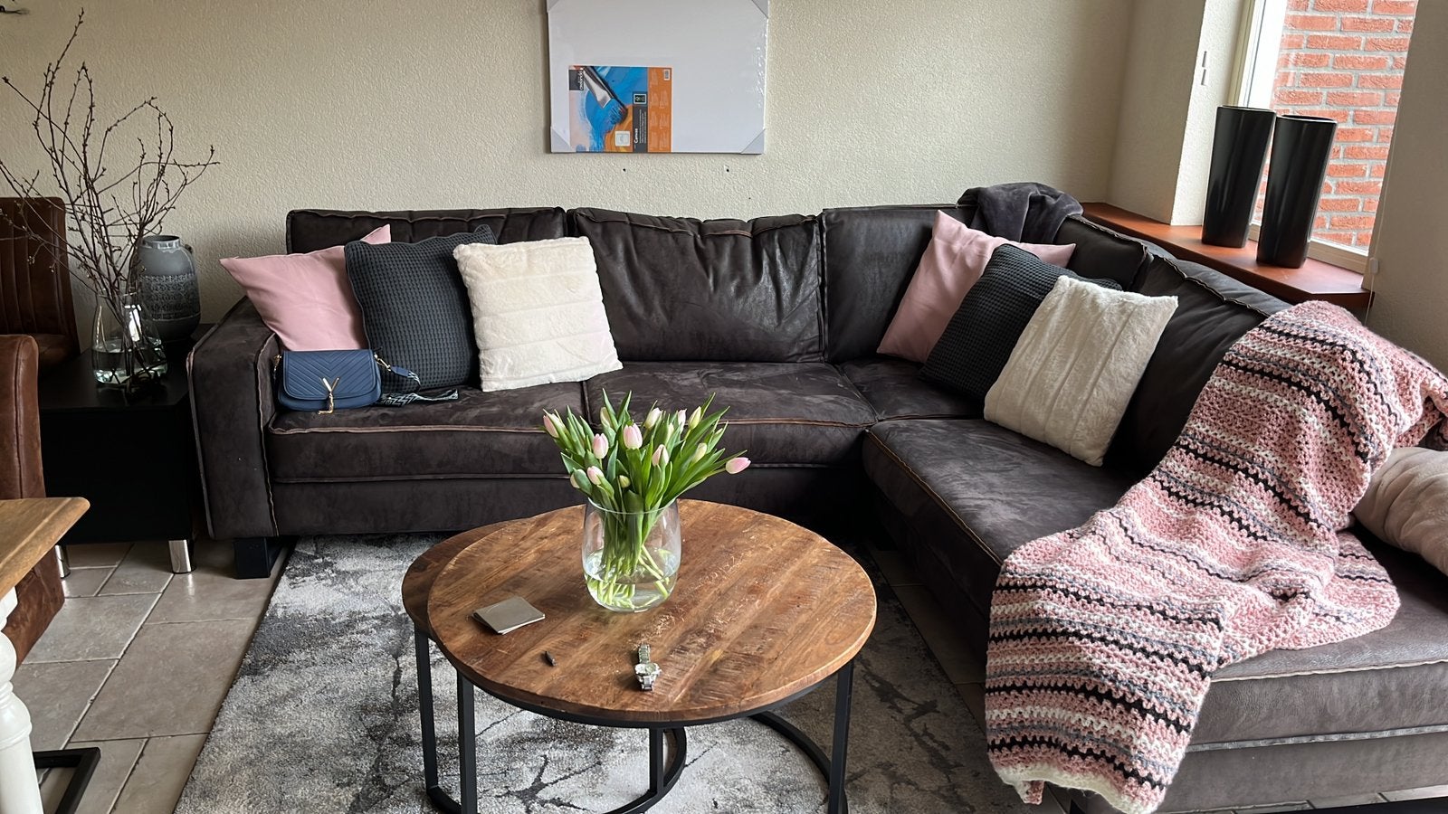 Loods 5 - Hoekbank - Bruin - Leder, Huis en Inrichting, Ophalen, Gebruikt, Leer, Modern