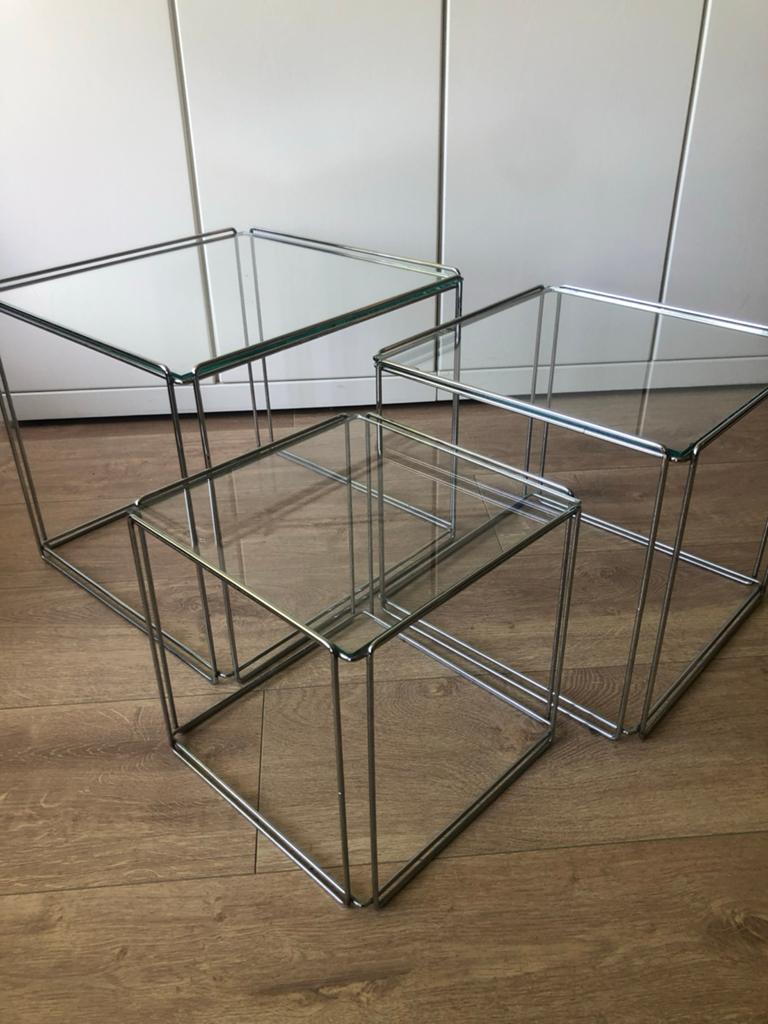 Set van 3 bijzettafels van glas en chroom, in elkaar passend, Ophalen, Minder dan 45 cm, Minder dan 55 cm, Gebruikt