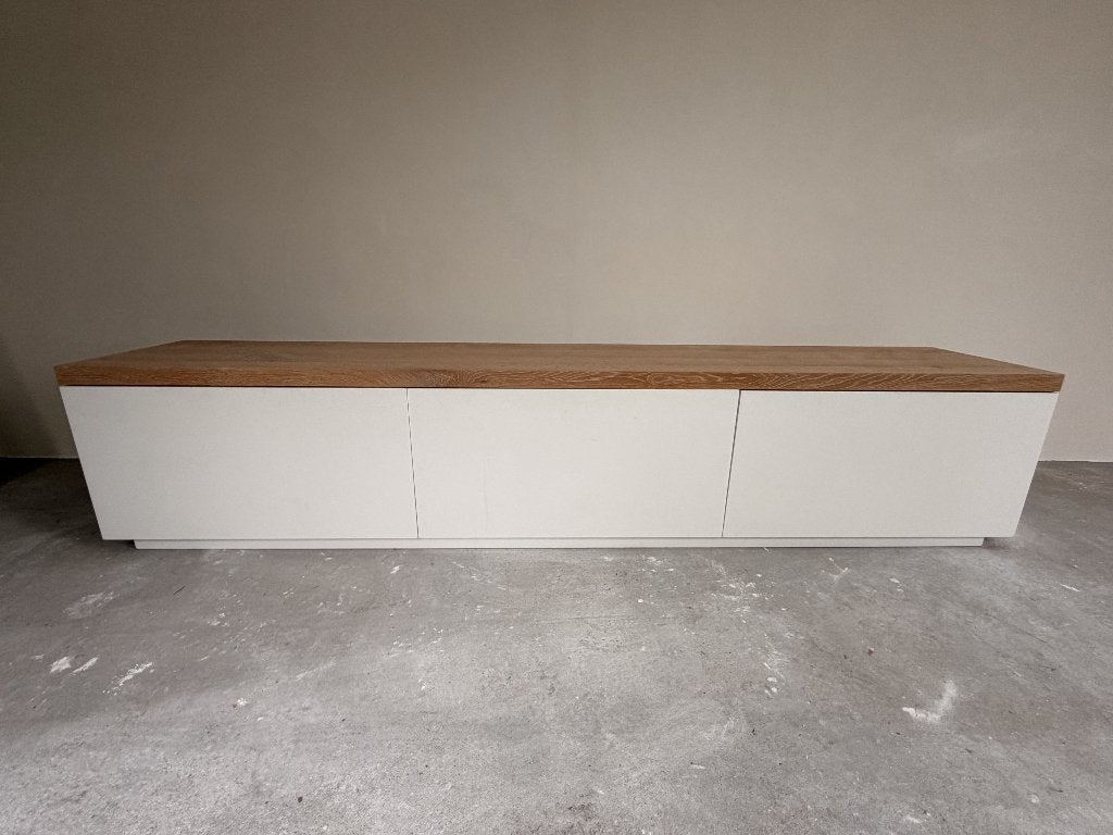 Wit tv meubel met 4cm dik eiken blad, Ophalen, Gebruikt, 200 cm of meer, Overige materialen